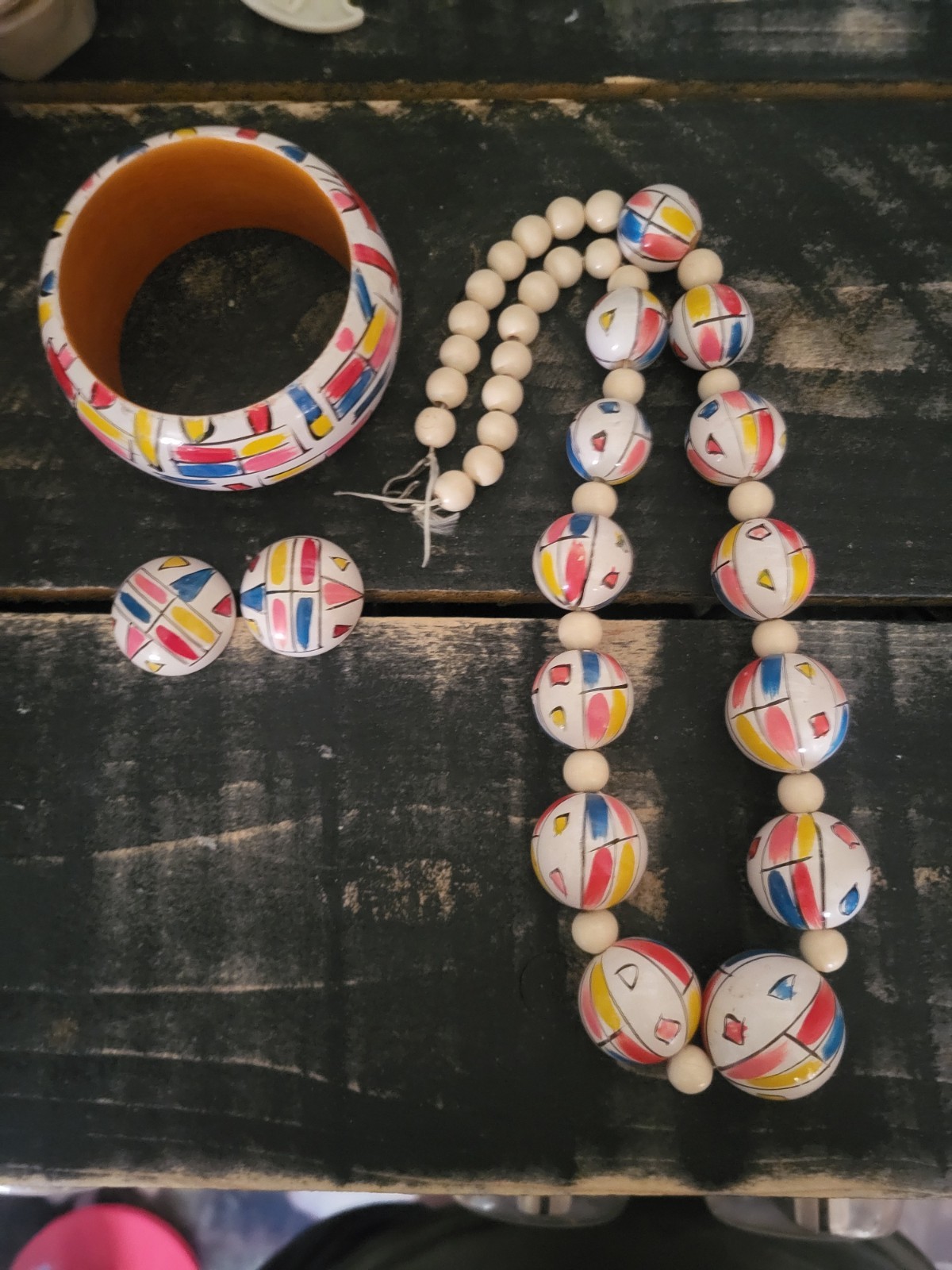 Vintage 1960s 1970s MCM modern art necklace earrings bracelet jewelry wood set