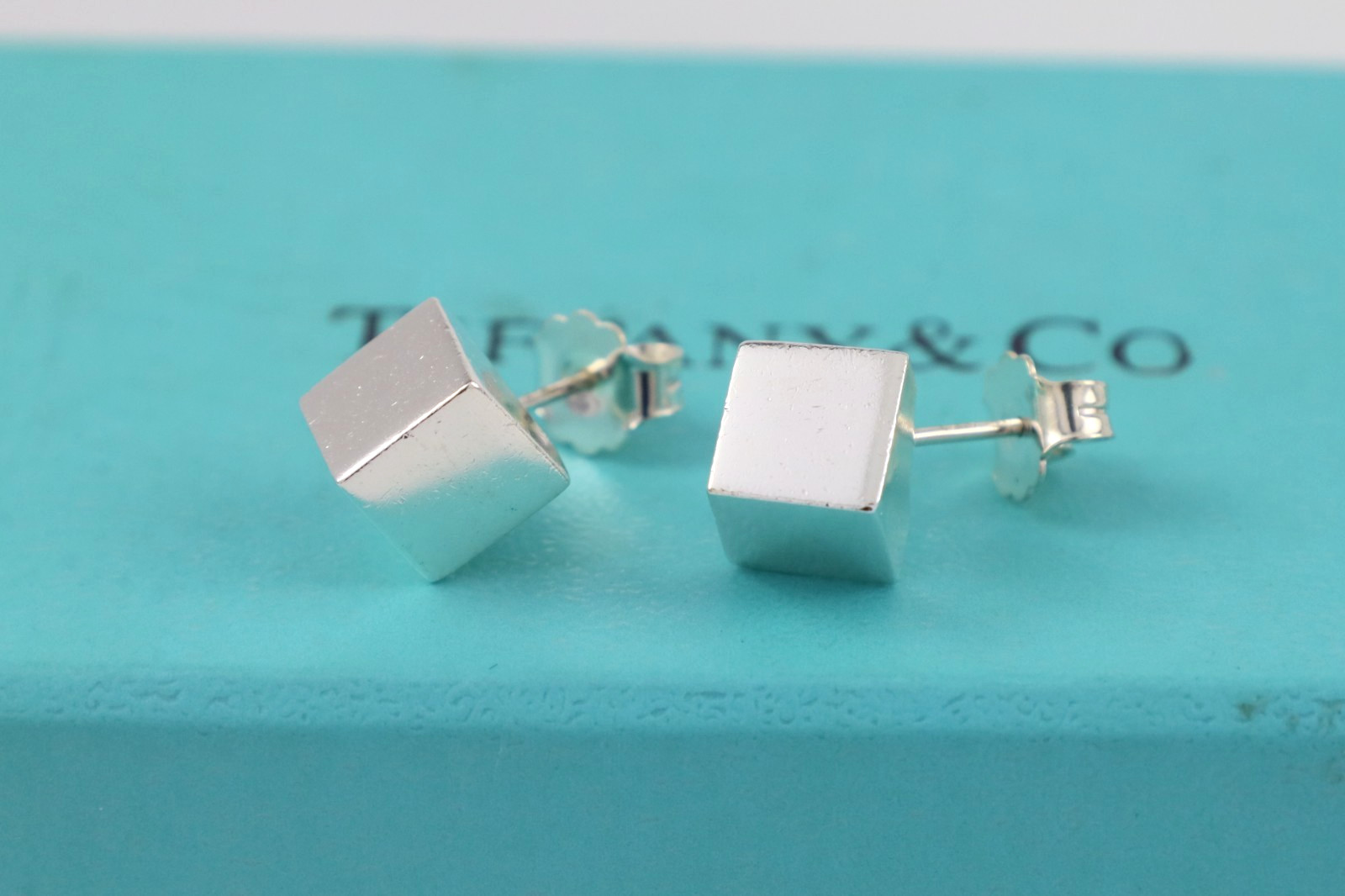 Tiffany & Co. Cube Square Stud Earrings 7mm Sterling Silver 925 with Box