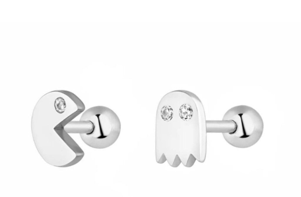 NEW Unisex Mismatch 14k Gold Accent Diamond PAC-Man and Ghost Stud Earrings