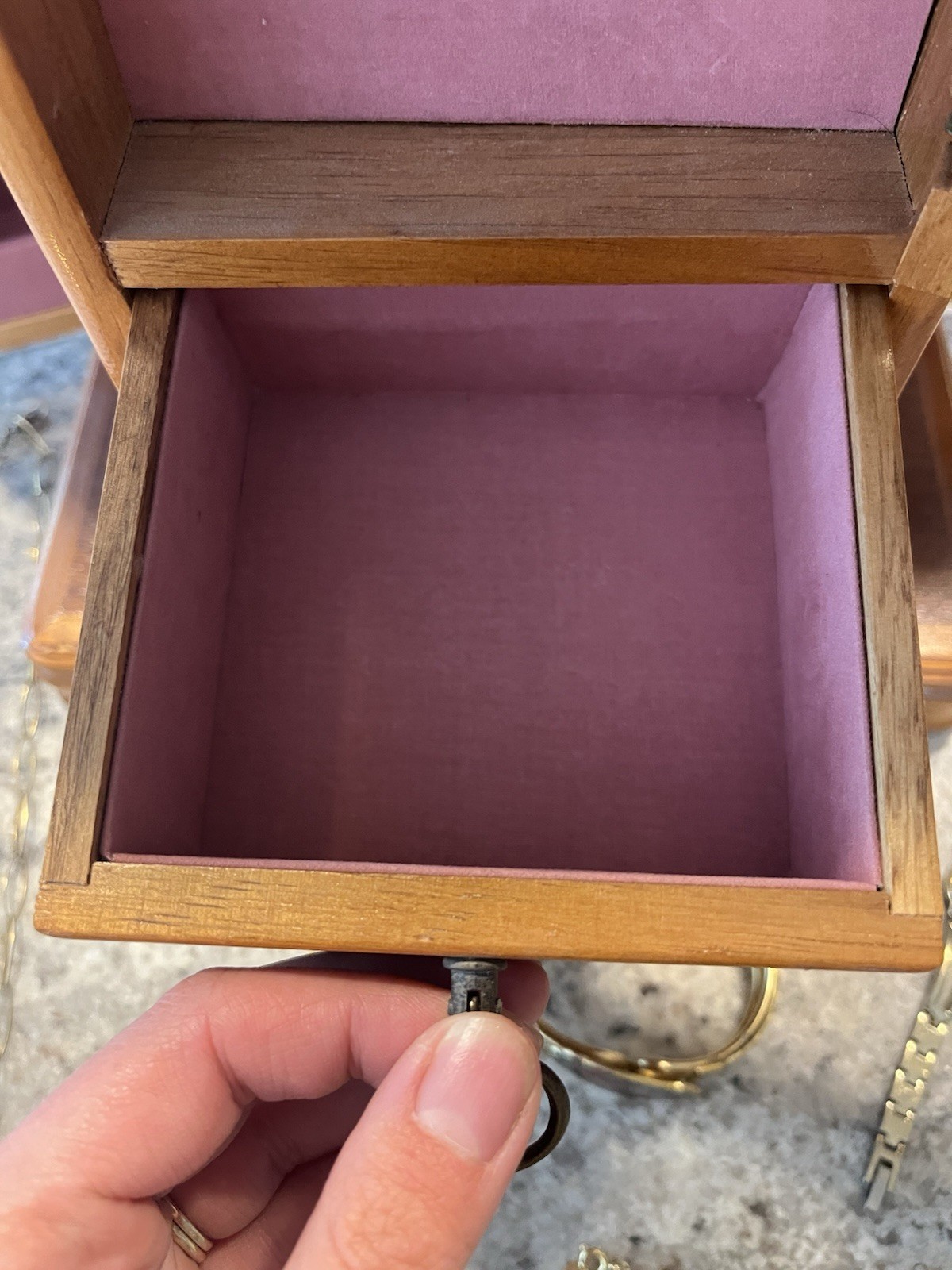 Vintage Wooden Table Top Armoire Style Jewelry Box & Gold Tone Jewelry Lot