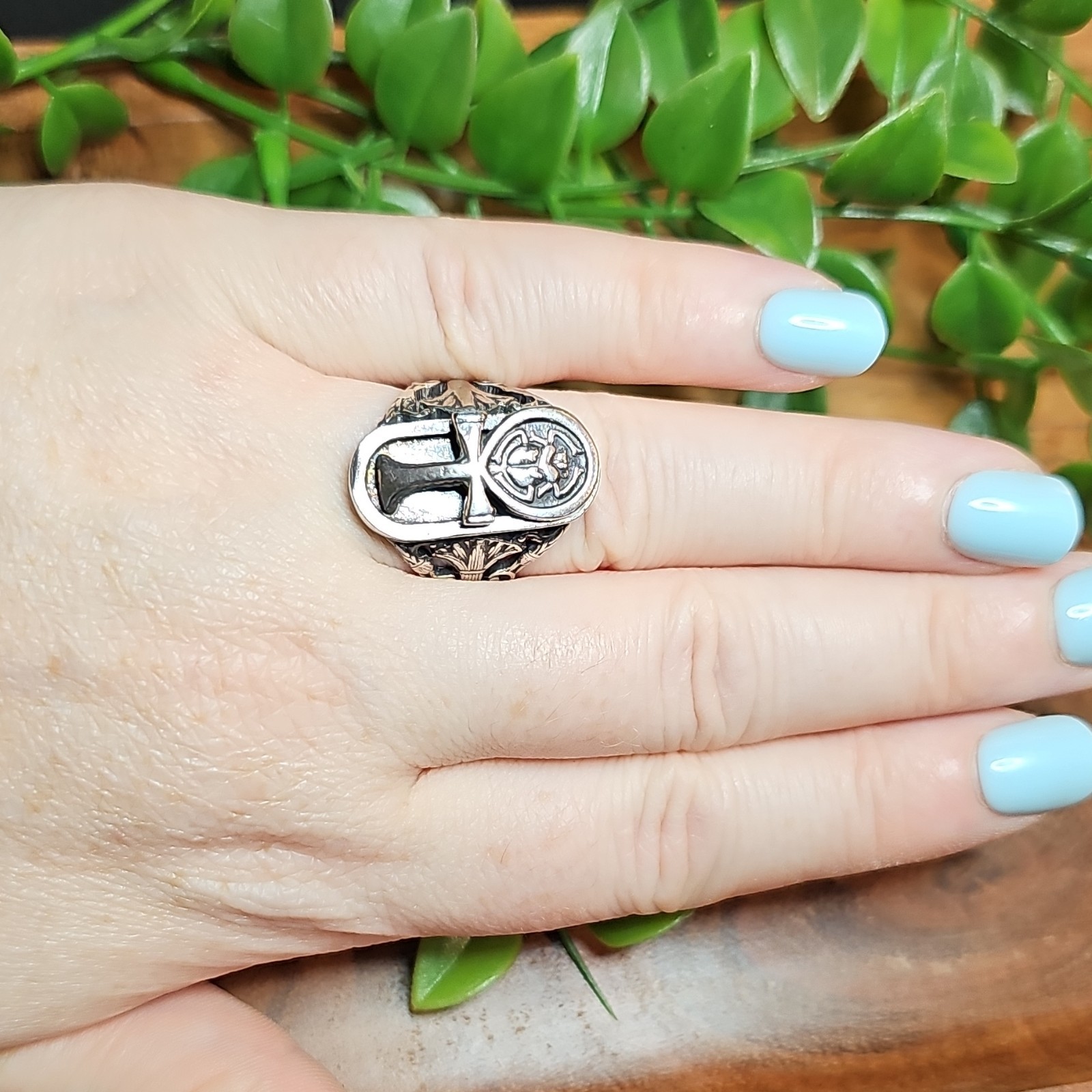 Sterling Silver Scarab Ankh Ring Egyptian Mythology Filigree Statement Sz 6.5