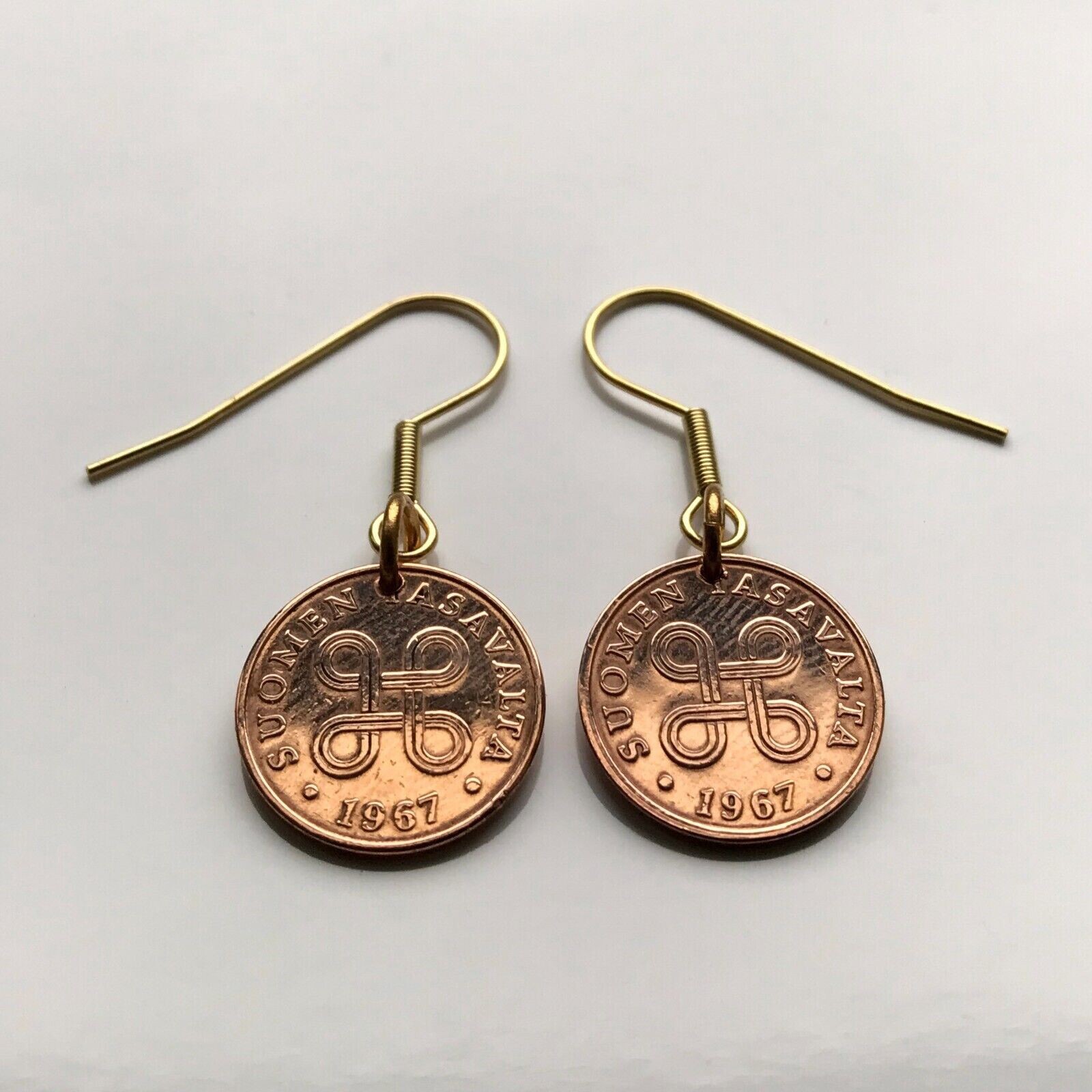Finland Suomi 1 Penni coin earrings Finnish hannunvaakuna Looped square e000063