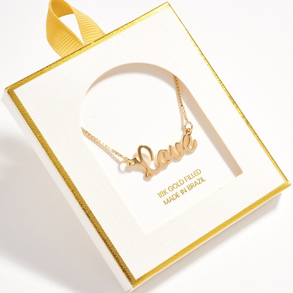 18K Gold Filled Love Script Pendant Necklace Box Chain Romantic Gift for Women