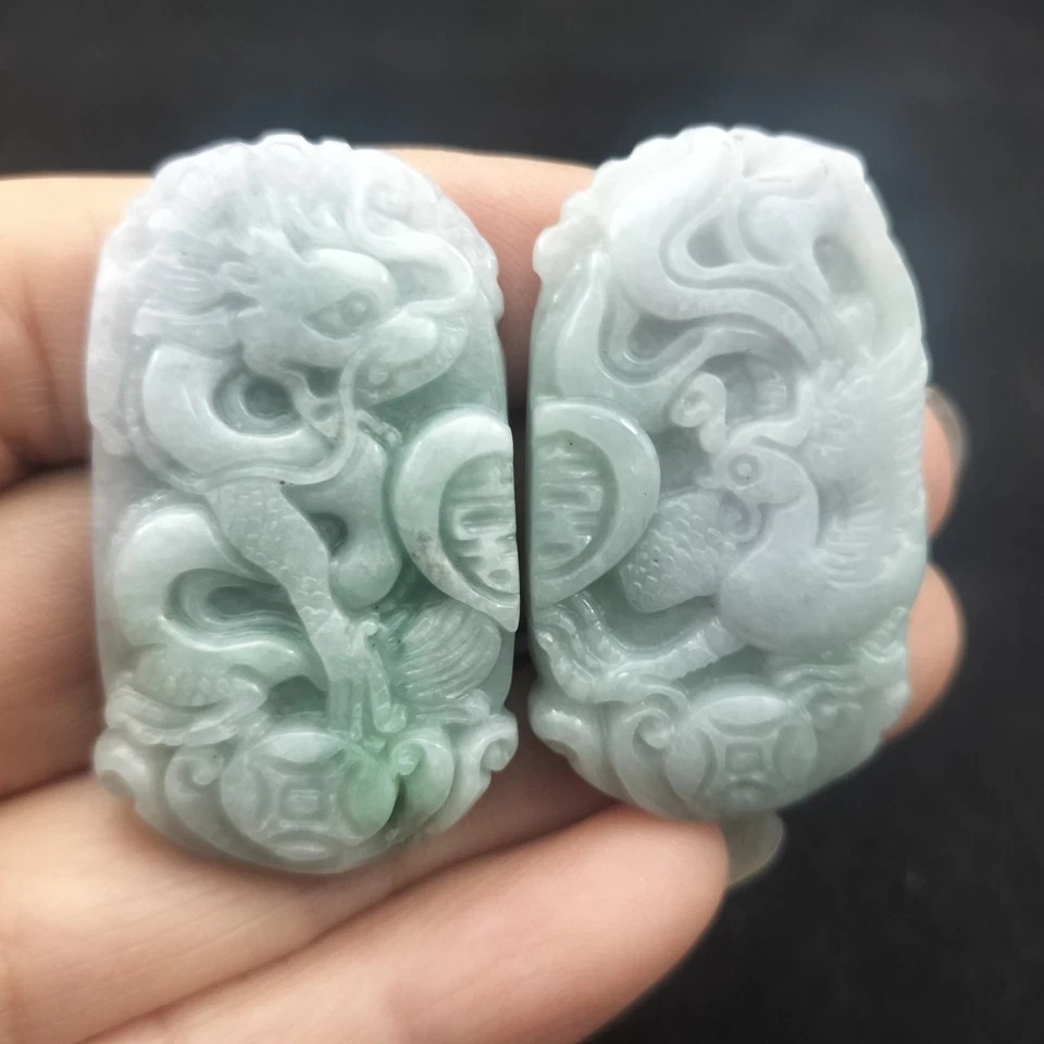 1Pair/2PCS Certified Green Natural Type A Jade Jadeite Dragon Phoenix Pendant