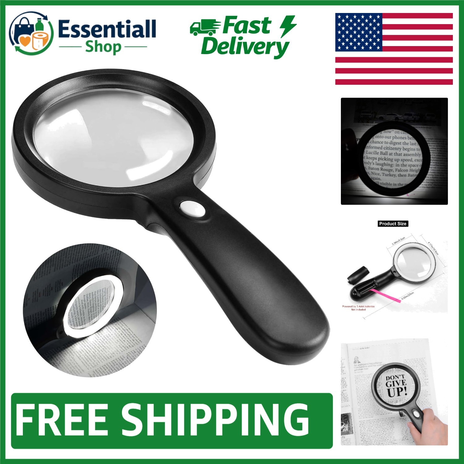 Large Distortion-Free Magnifying Glass – 3X Optical Power with LED Illumination