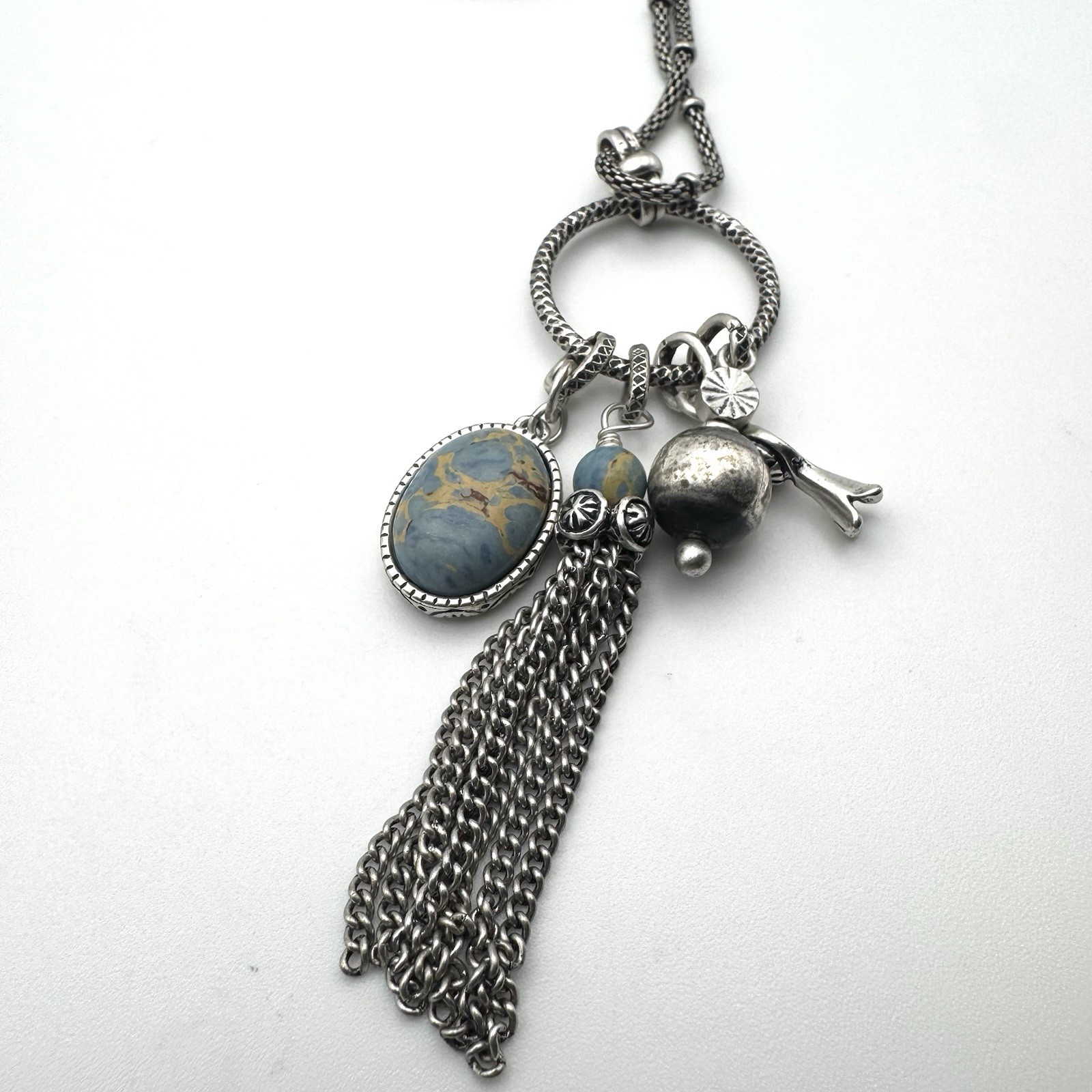 Silvertone Chain Necklace Metal Blue Cabochon And Metal charms Adjustable Slider