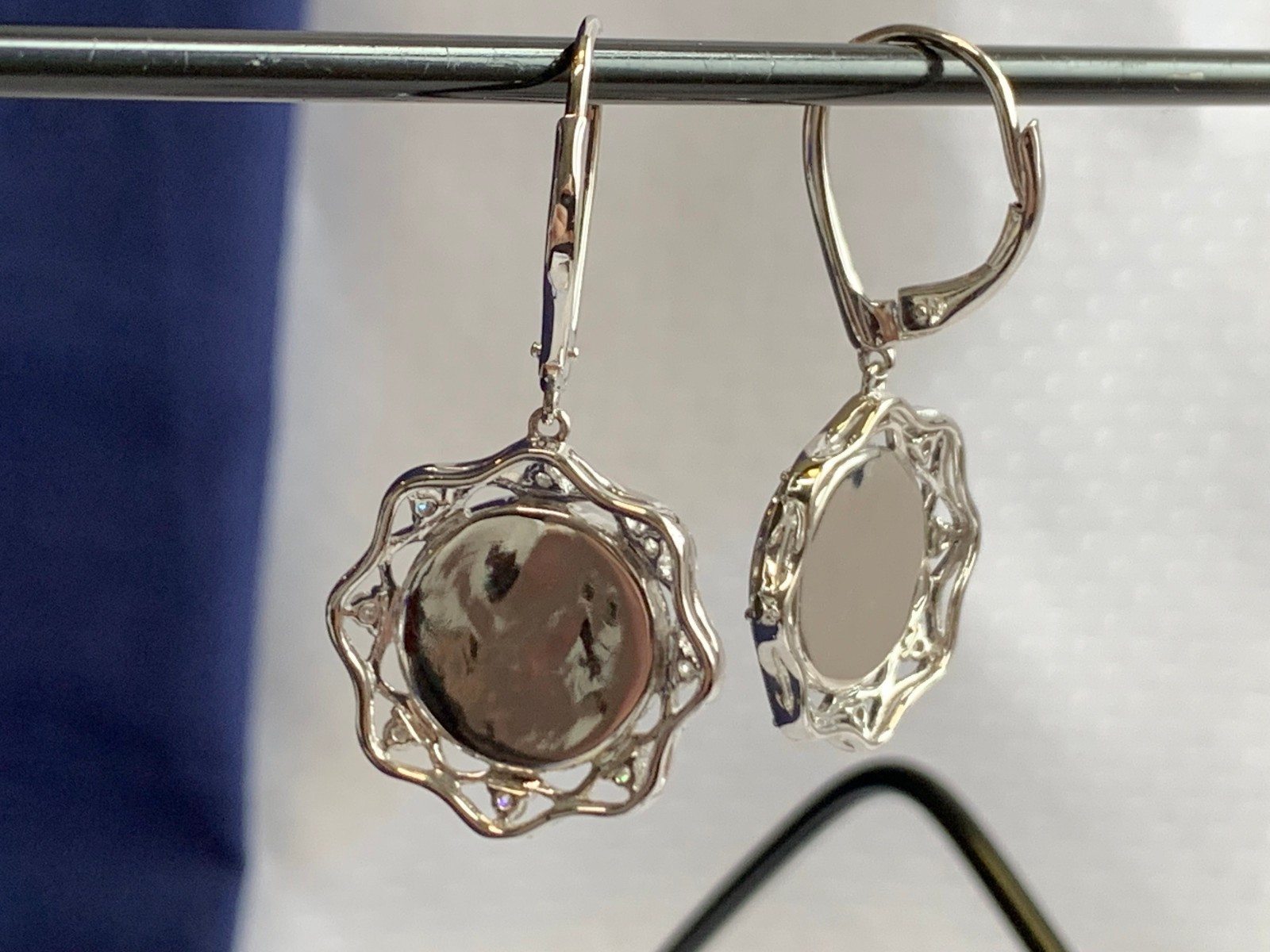 14K White Gold Iridescent Ammolite Earrings 9.54g Jewelry Clear Stones *READ*