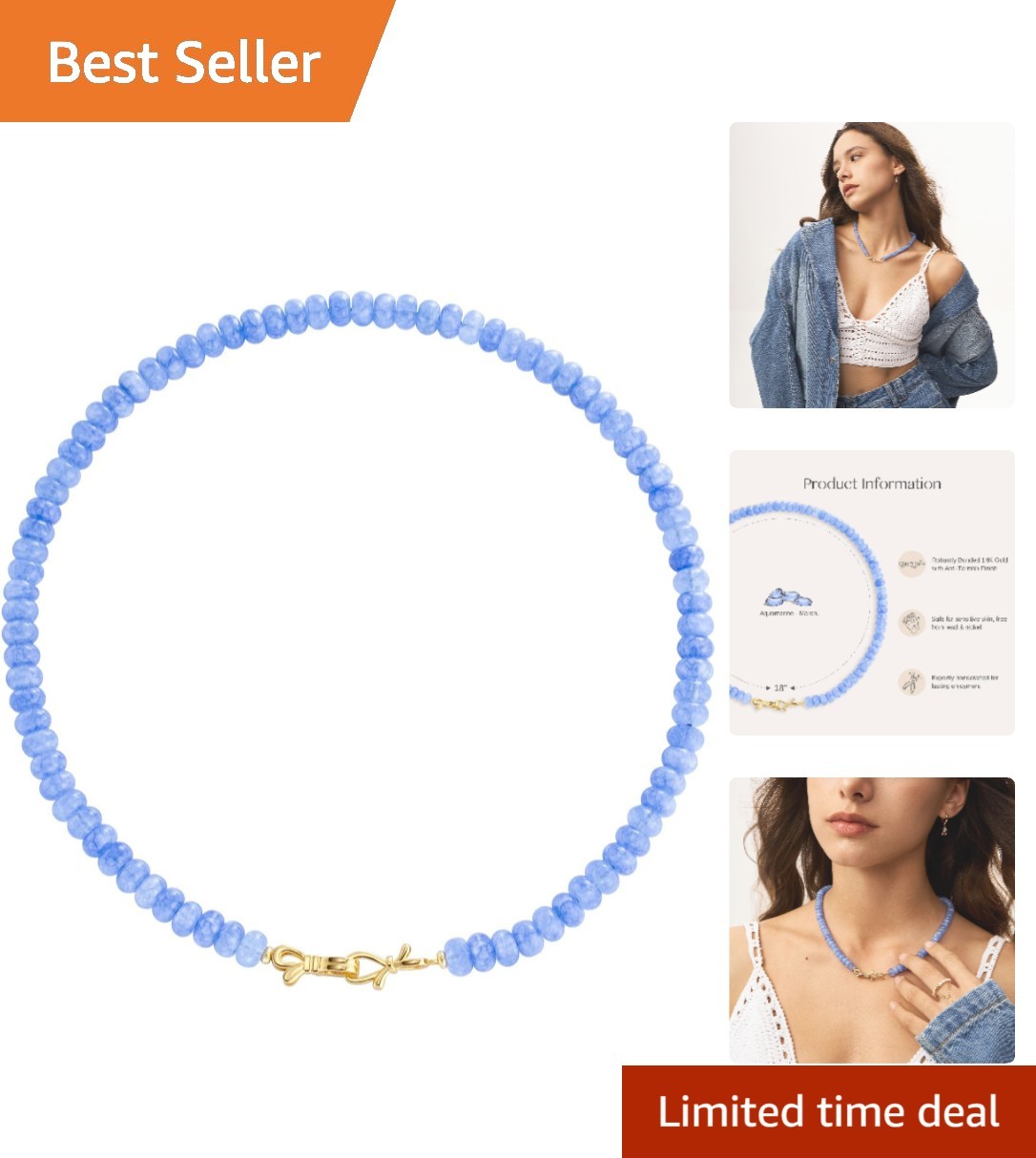 Elegant Aquamarine Birthstone Necklace with 14K Gold Bow | 18-Inch Gift Box