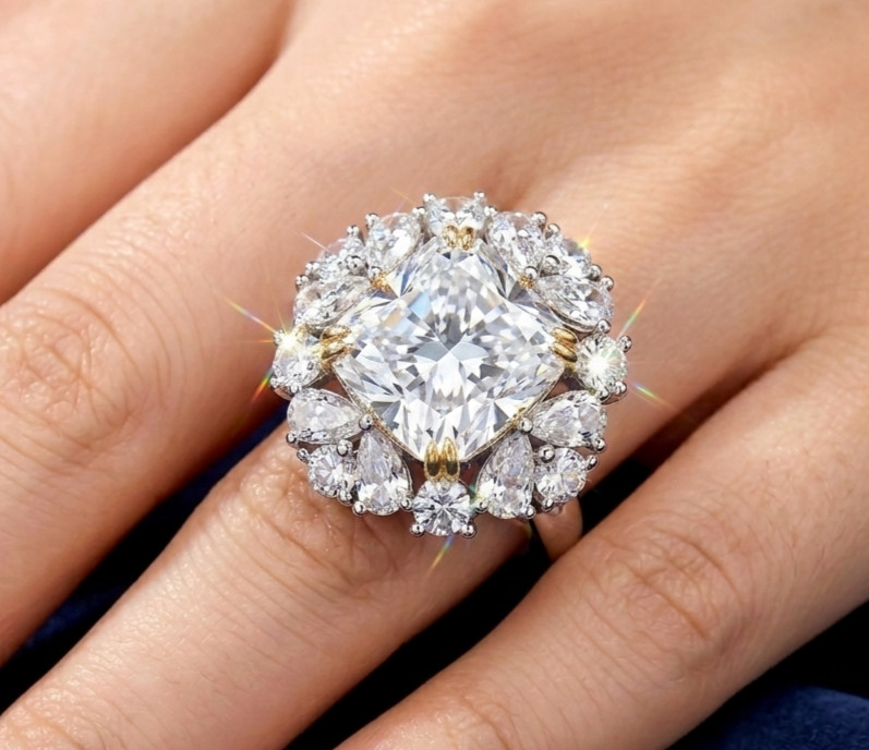 RARE 6.20 Ct Certified Cushion Cut White Natural Diamond Ring White Gold Finish