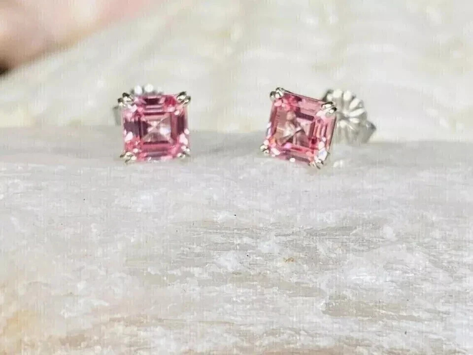 1.50Ct Asscher Cut Lab Created Pink Diamond 14K White Gold Plated Stud Earrings