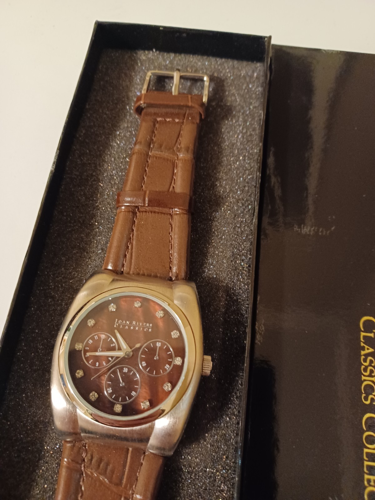 New Joan Rivers Classics Brown Dial Bezel Quartz Watch, Brown Leather Strap V377