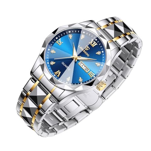 Mens Watches Stainless Steel Waterproof Luminous Date Two Tone IntervalBlue