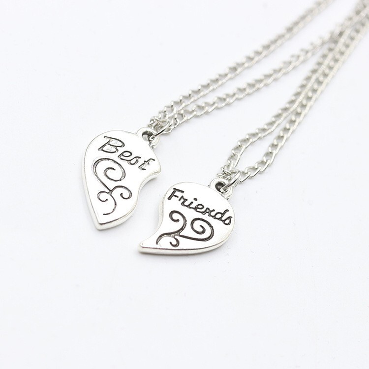 Best Friends Two Necklace Set – Silver – BFF Heart Necklace