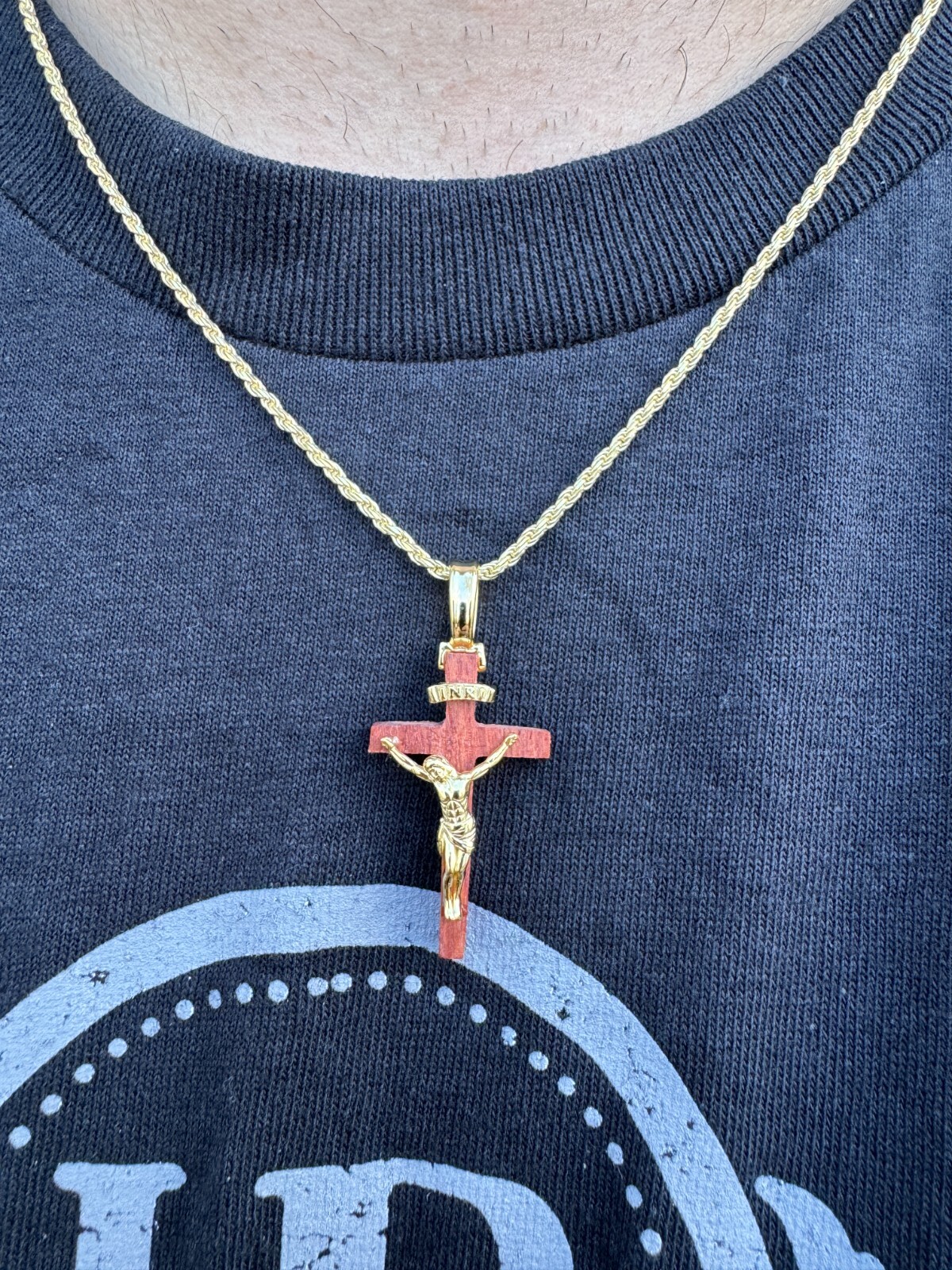 Mens Real 925 Silver Red Cherry Walnut Wood Jesus Cross Pendant Necklace 1.25″