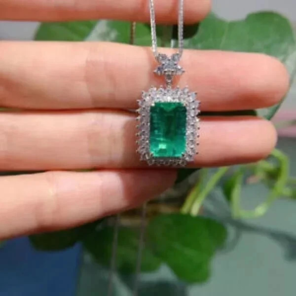 3.17 Ct Emerald Cut Emerald Pendant Wedding Pendant 14k Solid White Gold