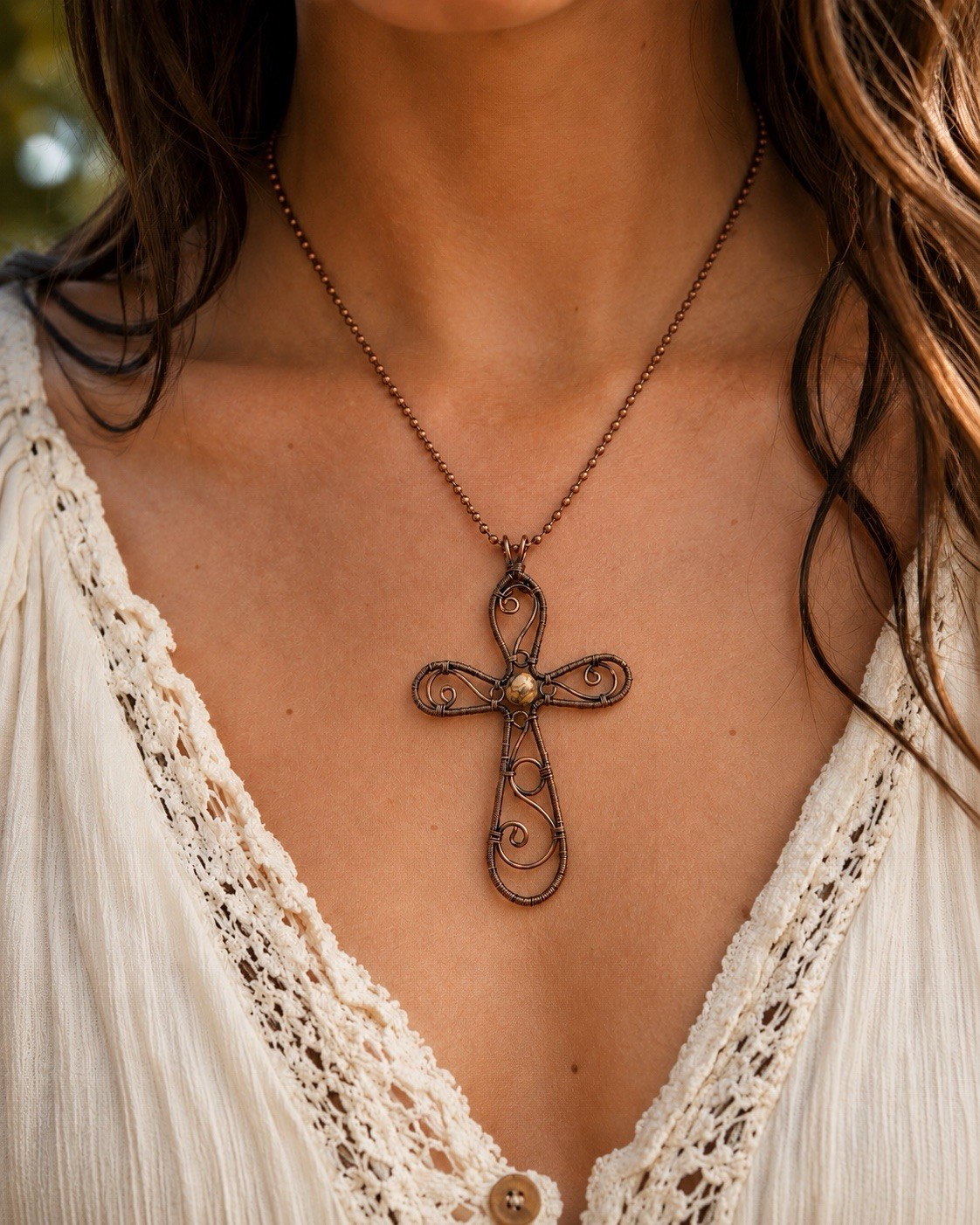 Handmade Copper Wire Wrapped Cross Pendant Necklace w Jasper Bead Artisan Boho