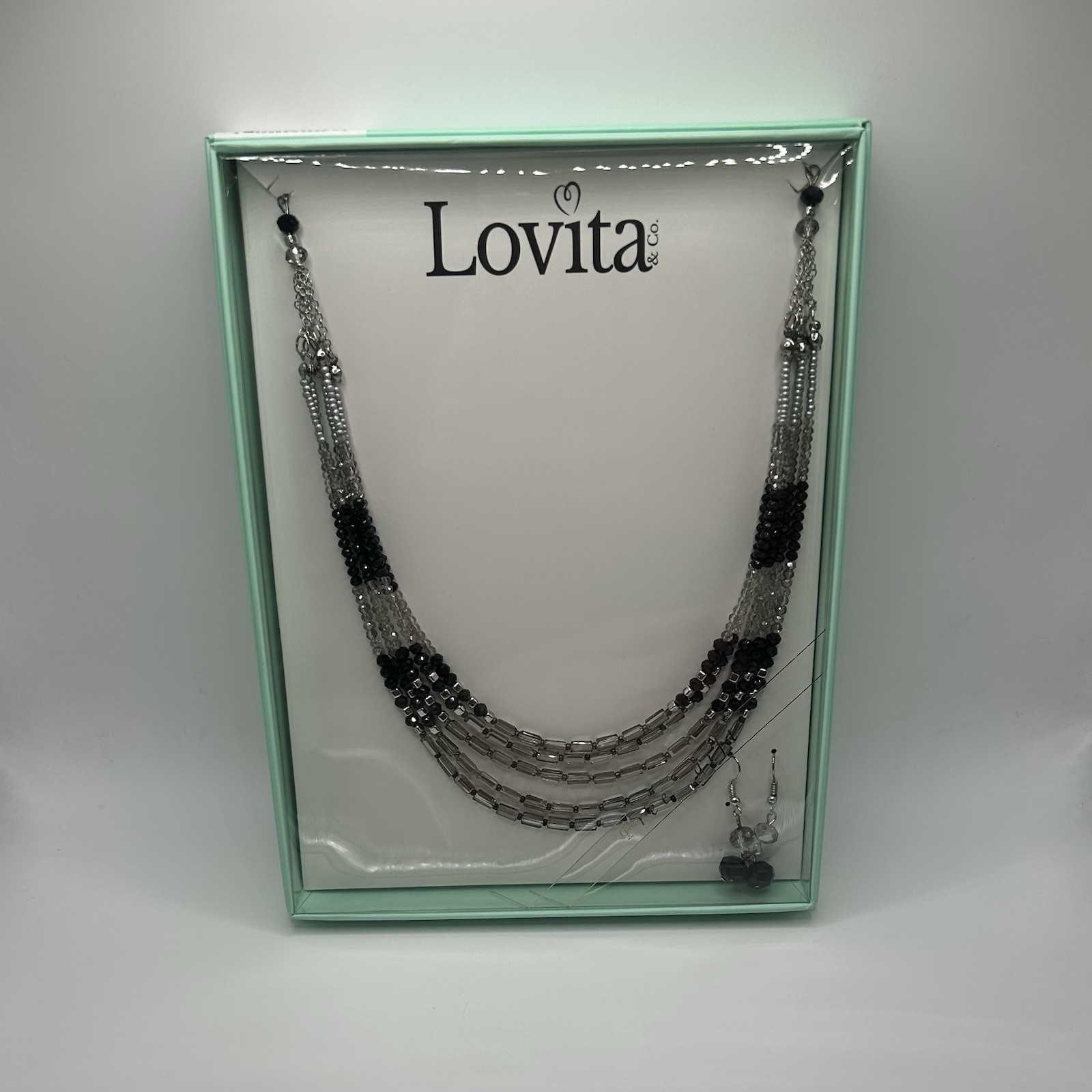 Lovita & Co. Black/Silver Multi Layer Beaded Necklace & Dangly Earrings Set