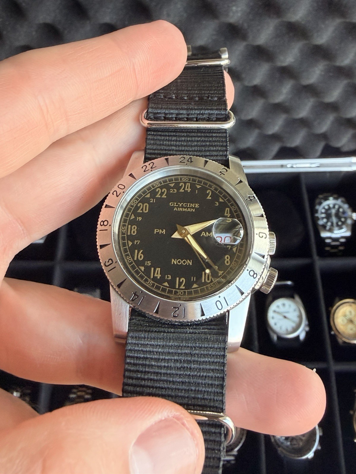 Glycine Airman Automatic 42mm Black 24-Hour Dial Date Nylon Strap Box Papers