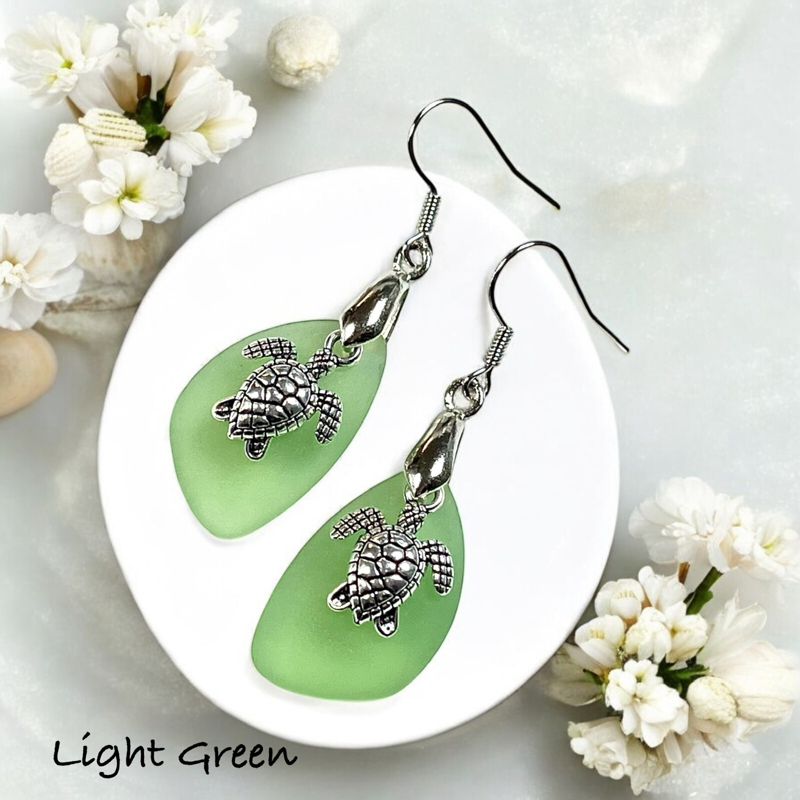 Turtle Earrings, Sea Glass Turtle Earrings,.925 Sterling Silver Ear Wires