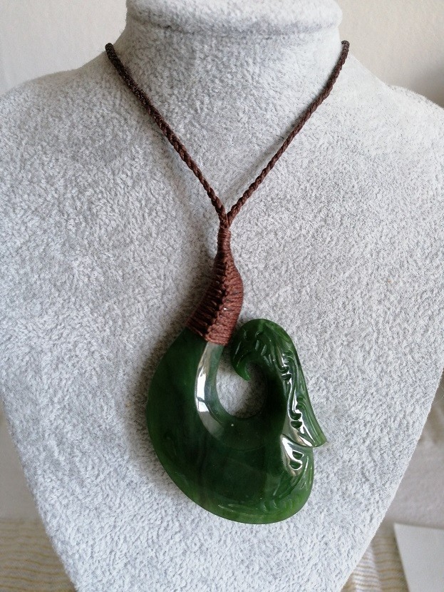 New Zealand Jade Greenstone Bound Fish Hook X Large pendant 70mm L x 45mm W