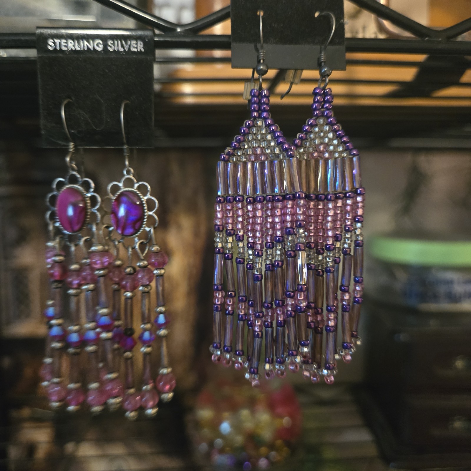 Pair Of Pink Earrings, Paua Shell And Beaded Sterling Silver Wires Made In Idaho