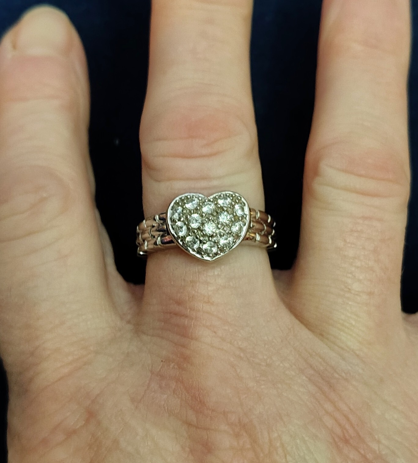 Vintage Art Deco Style Sterling Silver Heart C Z Ring Weaved Pattern Band Size 8