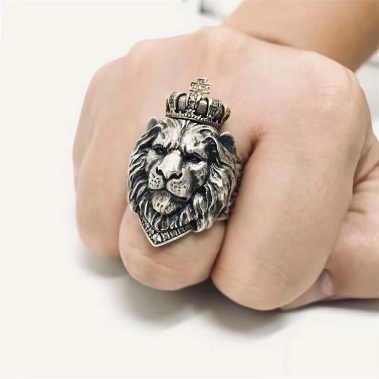 Retro Hip Hop Animal King Crow Lion Head Stainless Steel Adjustable Open Ring