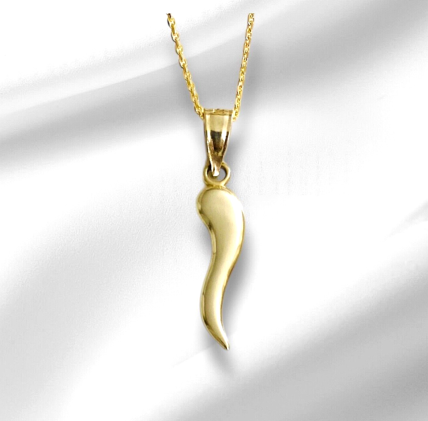 10K Solid Gold Italian Horn, Cornicello, Chili 22mm/0.8″ Pendant,Necklace- K5926
