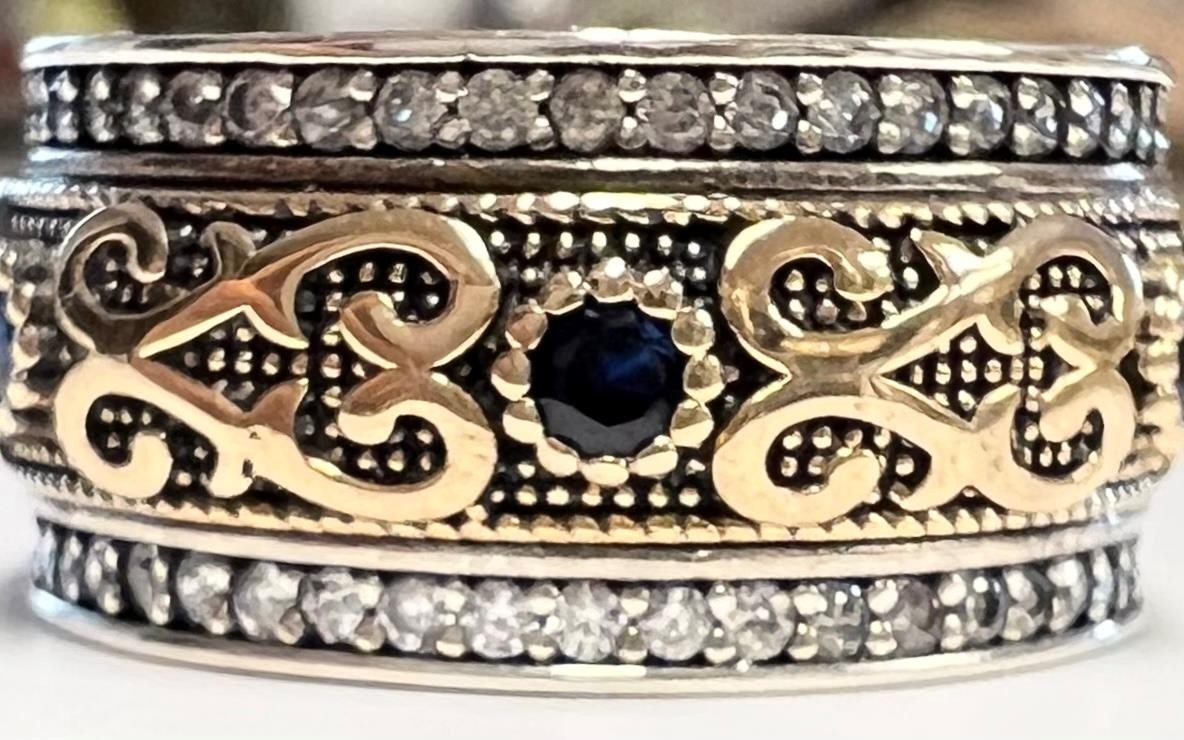 REAL Diamond Blue Sapphire BAND SOLID 14K Y Gold 925 Ring SZ 10 1/4 Etruscan Rev