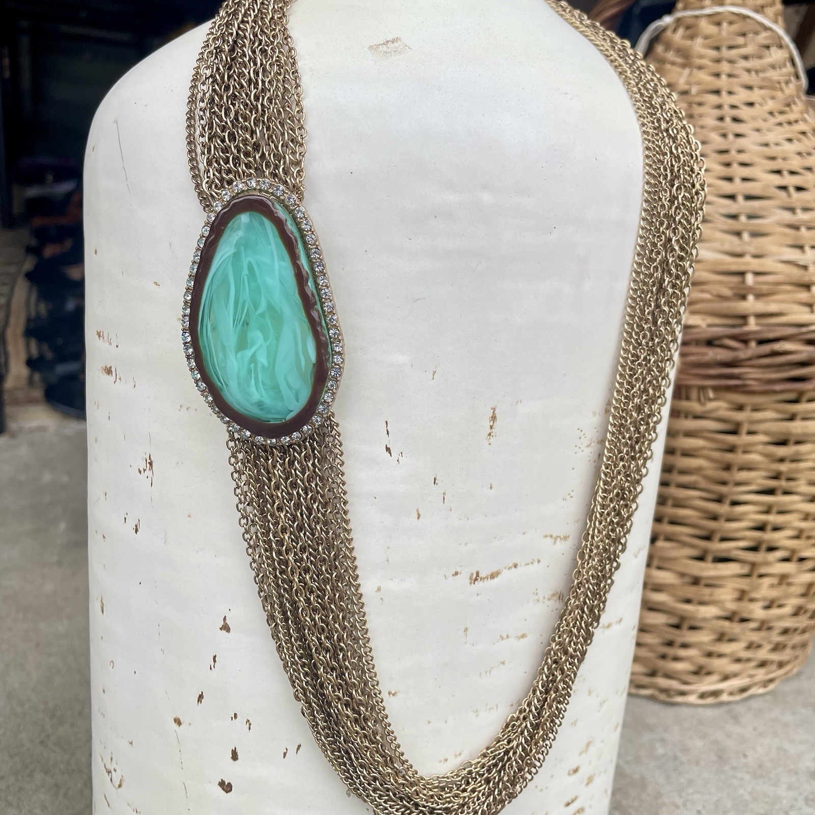 Vtg Multi Strand Gold Tone Chain Statement Necklace Marbled Green Rhinestones