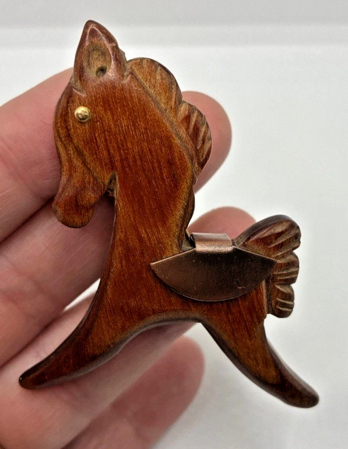Vintage Pony Horse Brooch Hand Carved Copper Saddle Western Equestrian Pin