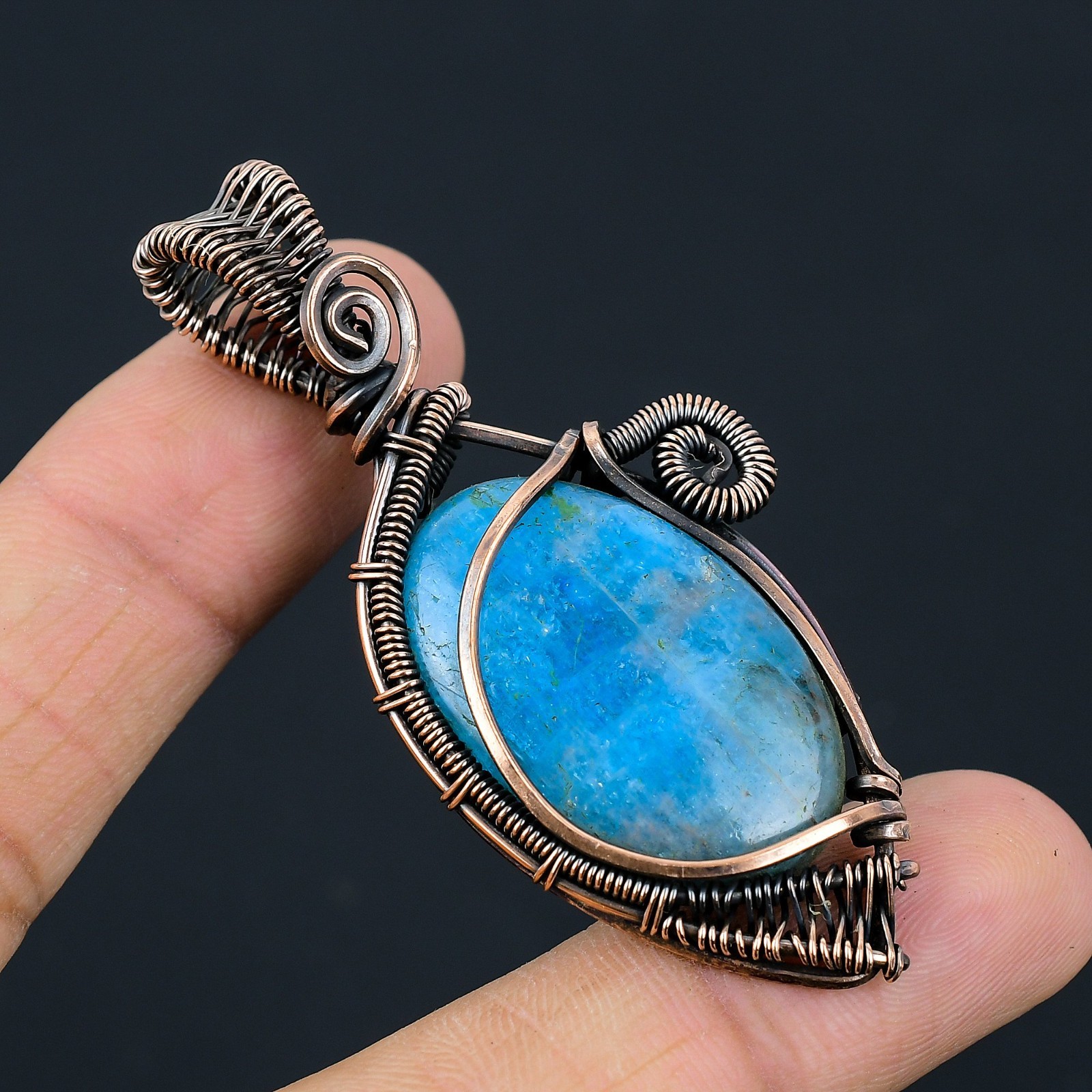 Neon Blue Apatite Handmade Gemstones Copper Wire Wrap Beautiful Pendant Jewelry