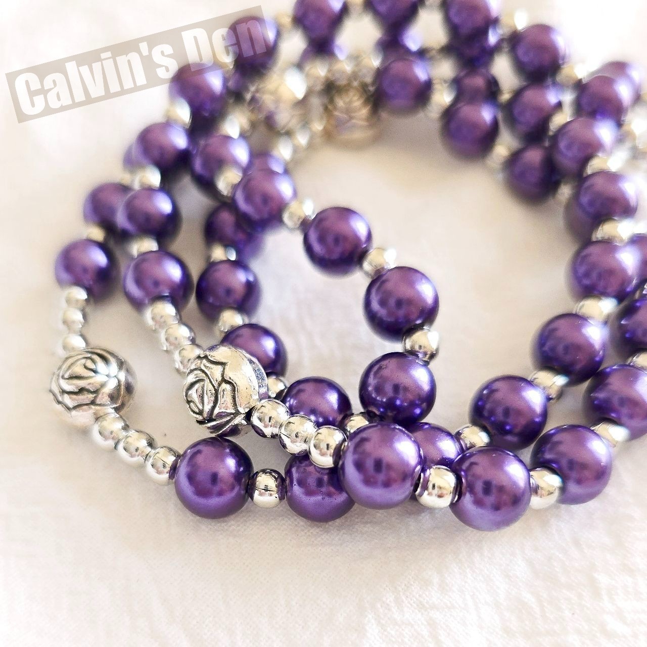 Purple Pearl Bead Rosary Necklace Miraculous Medal Rosebud Crucifix Cross Gift