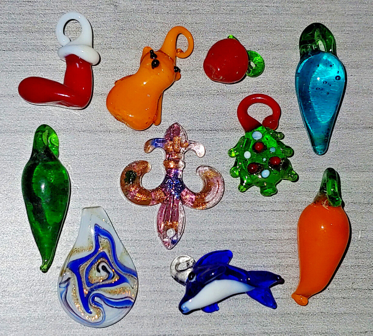 10PC. Lampwork Glass Pendants Charms Multi Color Apple Teardrop Dolphin & More