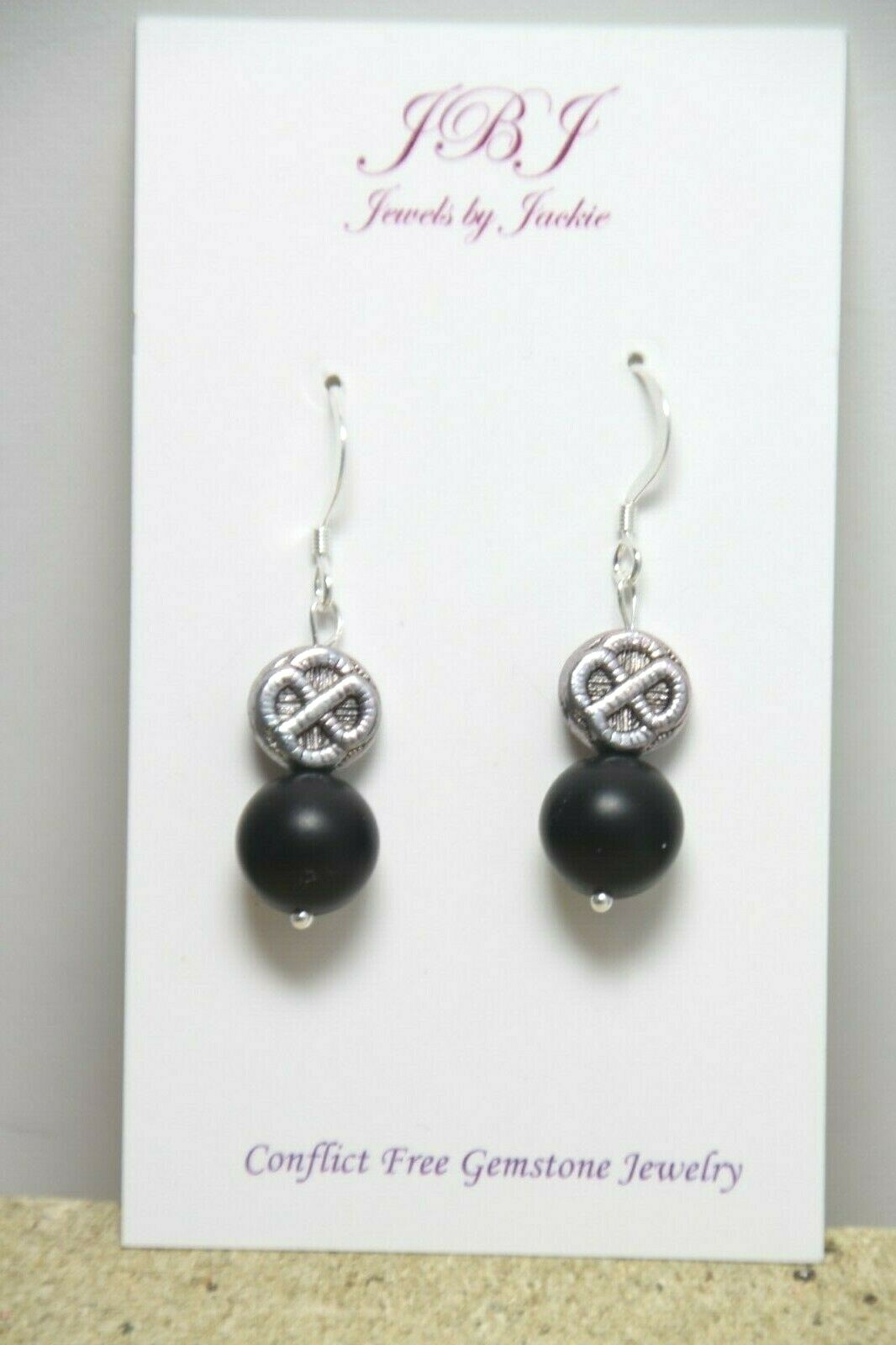Graphite Black 10mm Ball Natural Gemstone Earrings .925 Sterling Silver 1 1/2″