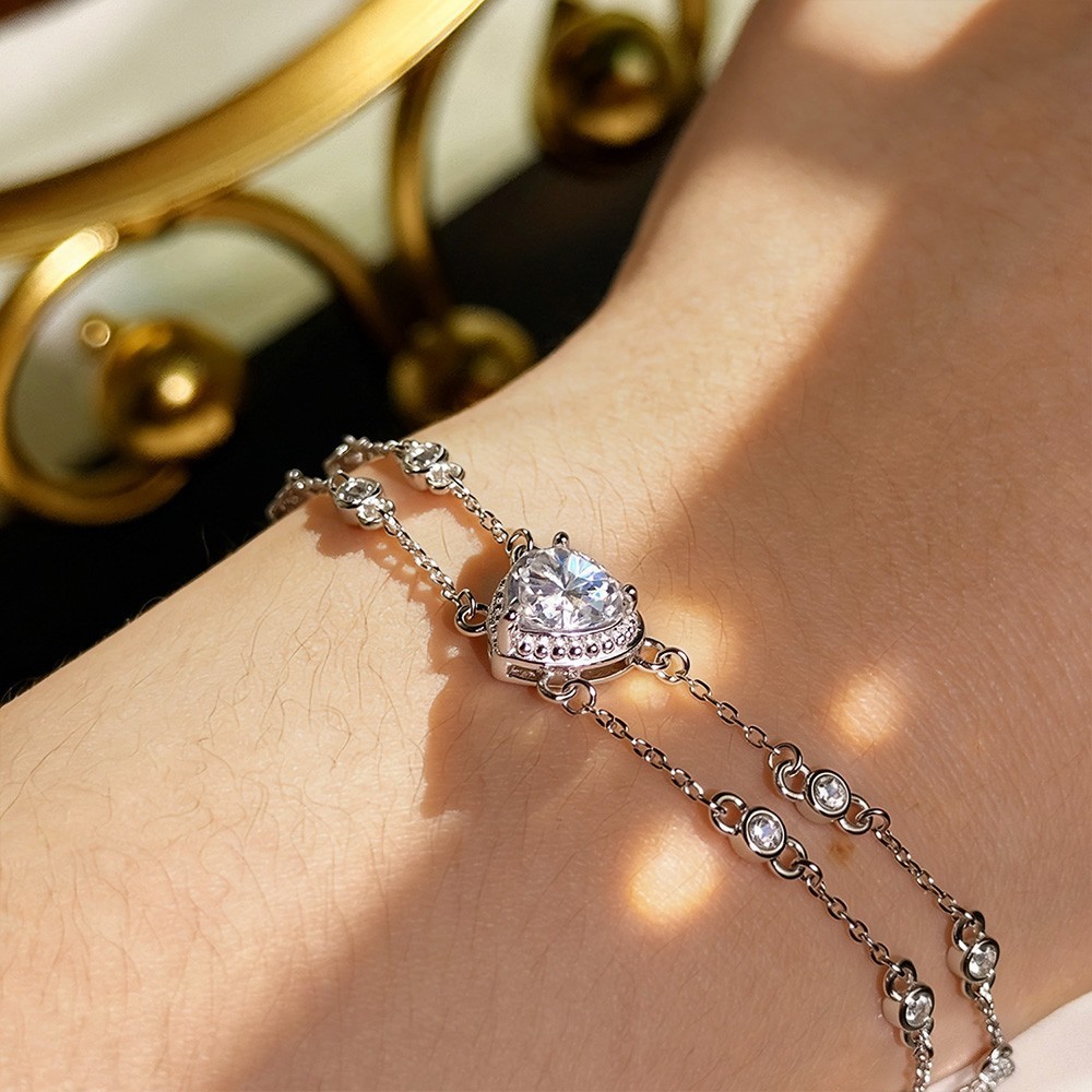 7mm D Color Heart Cut Real Moissanite Women Bracelet Chain 925 Sterling Silver