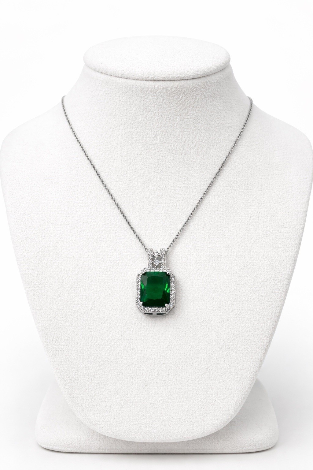 Emerald Cut Green Simulated Emerald CZ Halo Pendant Necklace May Birthstone