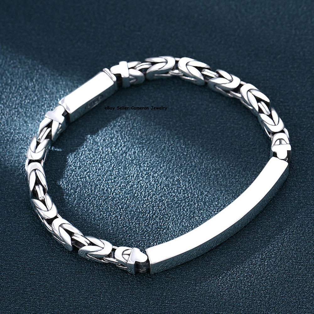 Pure S925 Sterling Silver Chain 4mm Byzantine ID Link Bracelet 7.1-7.9inch L