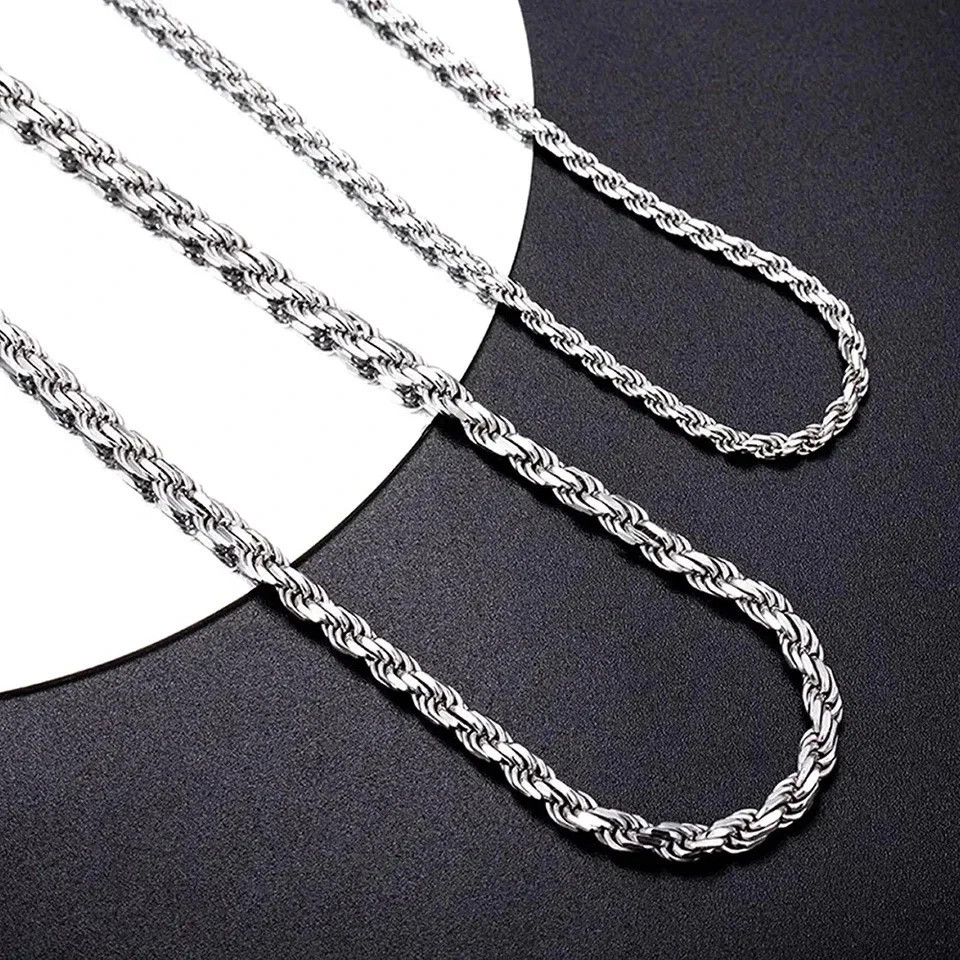 New Men’s Italian 4mm Diamond Cut Rope Chain Solid 925 Sterling Silver Necklace