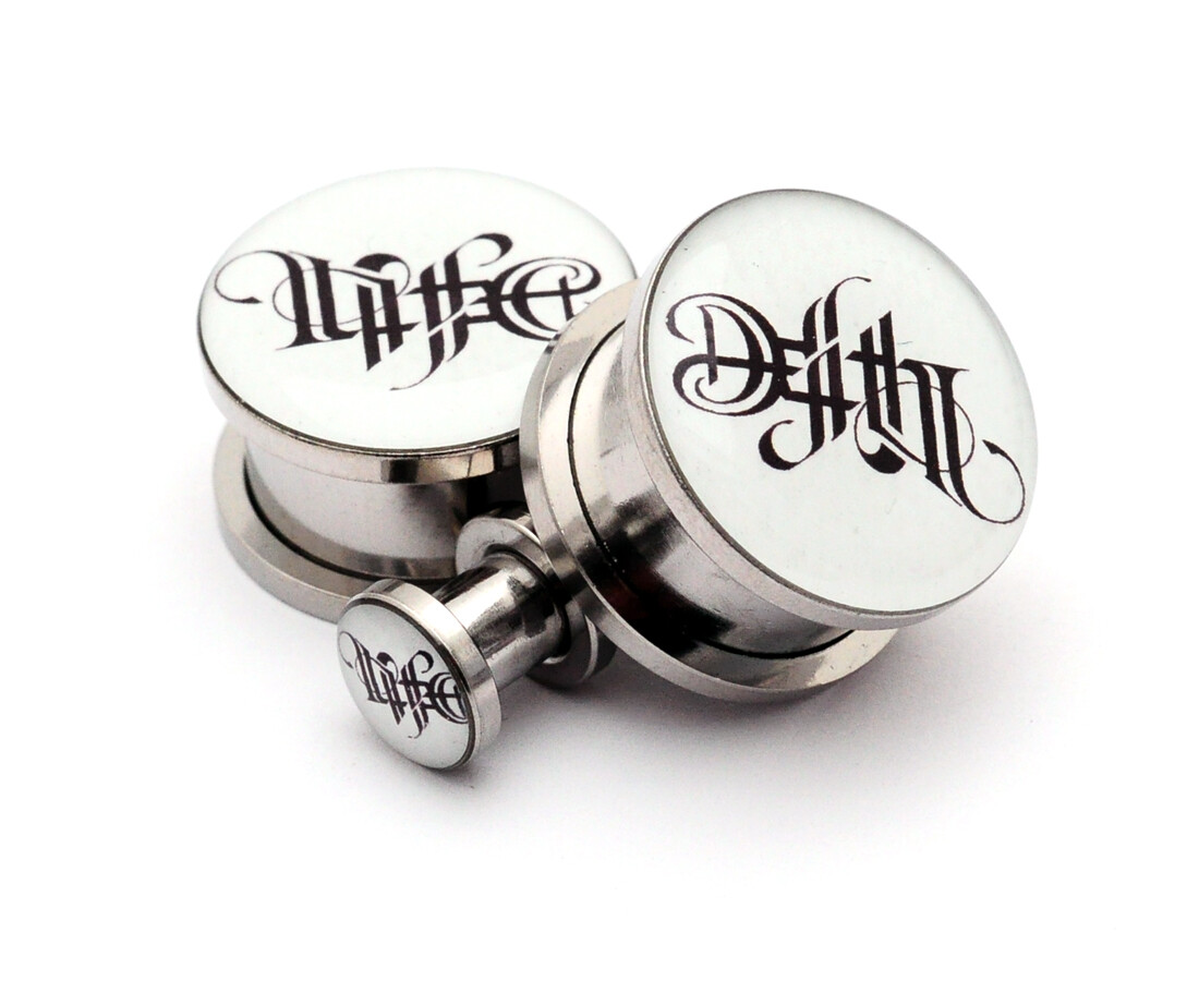 Pair of Screw on Life and Death Picture Plugs gauges 16g thru 1 inch