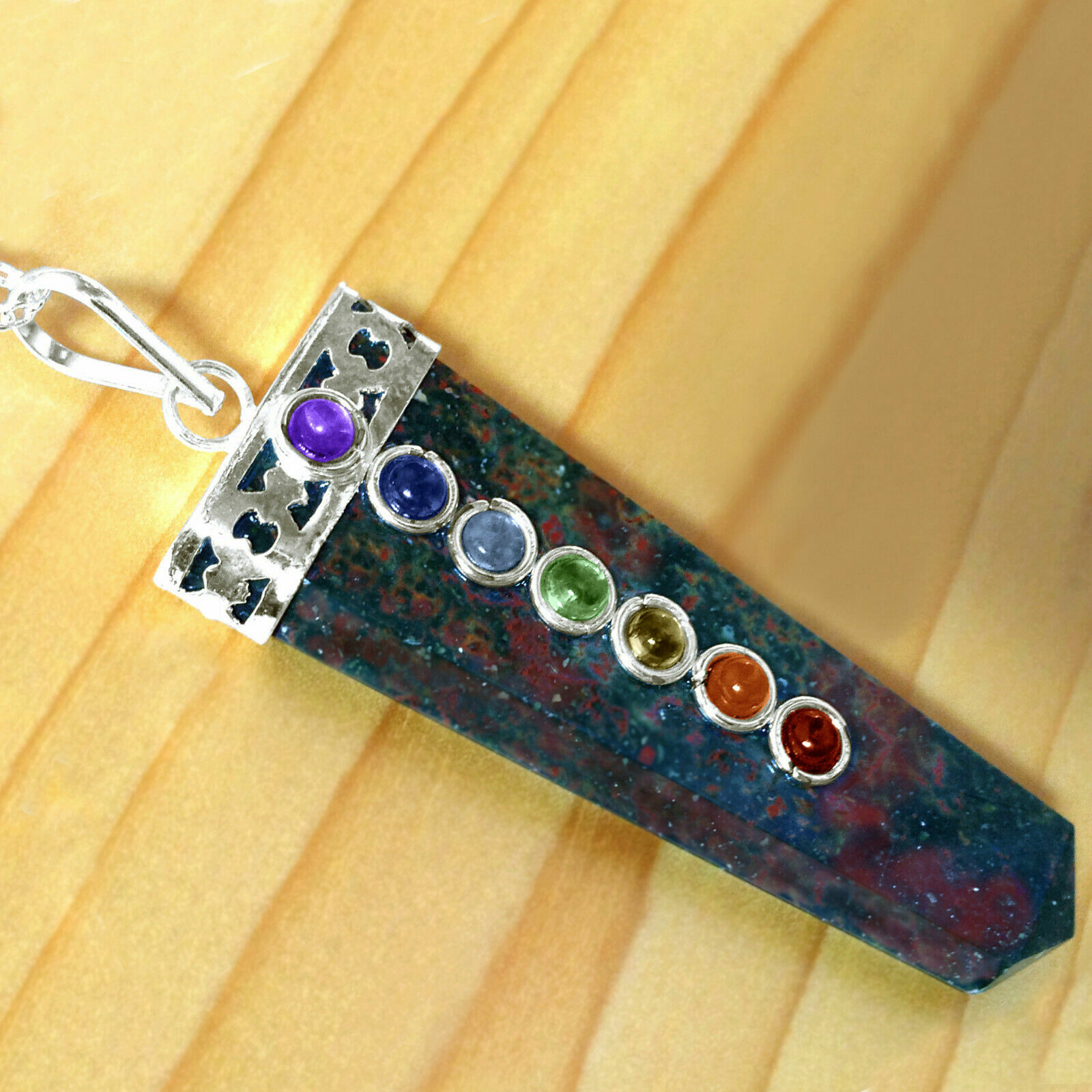 CHARGED Bloodstone Jasper Chakra Pendant LARGE Crystal Sterling Silver Necklace
