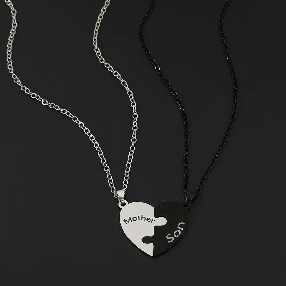 Mother Son Puzzle Heart Necklace Set Black Silver Stainless Steel Matching Gift