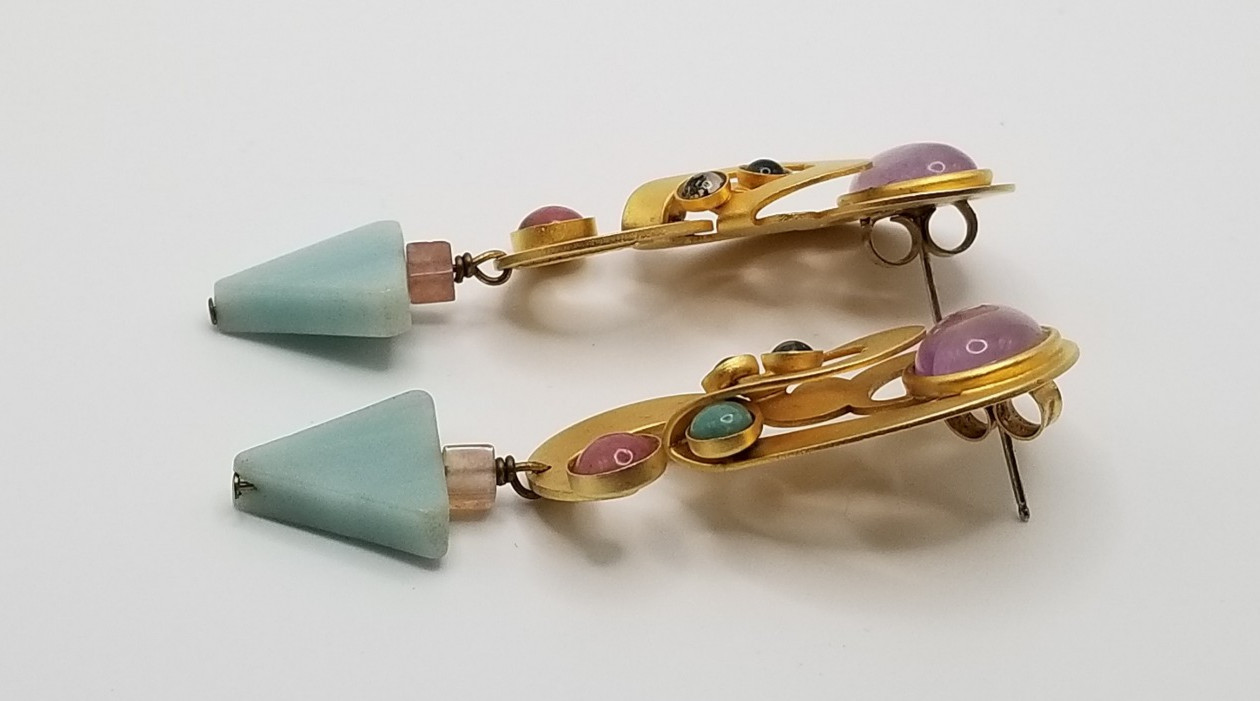 Vintage Gale Rothstein Semi-Precious Stones Gold Plated Dangle Pieced Earrings