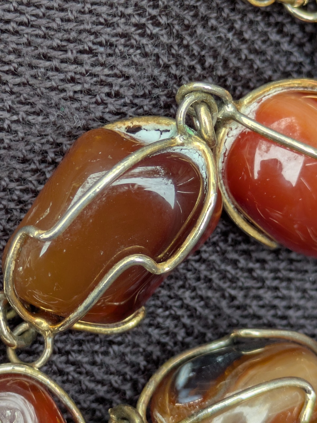 Wire Wrapped Tumbled Banded Agate 32.5″ Necklace ~ Red Orange Brown Gemstone F19