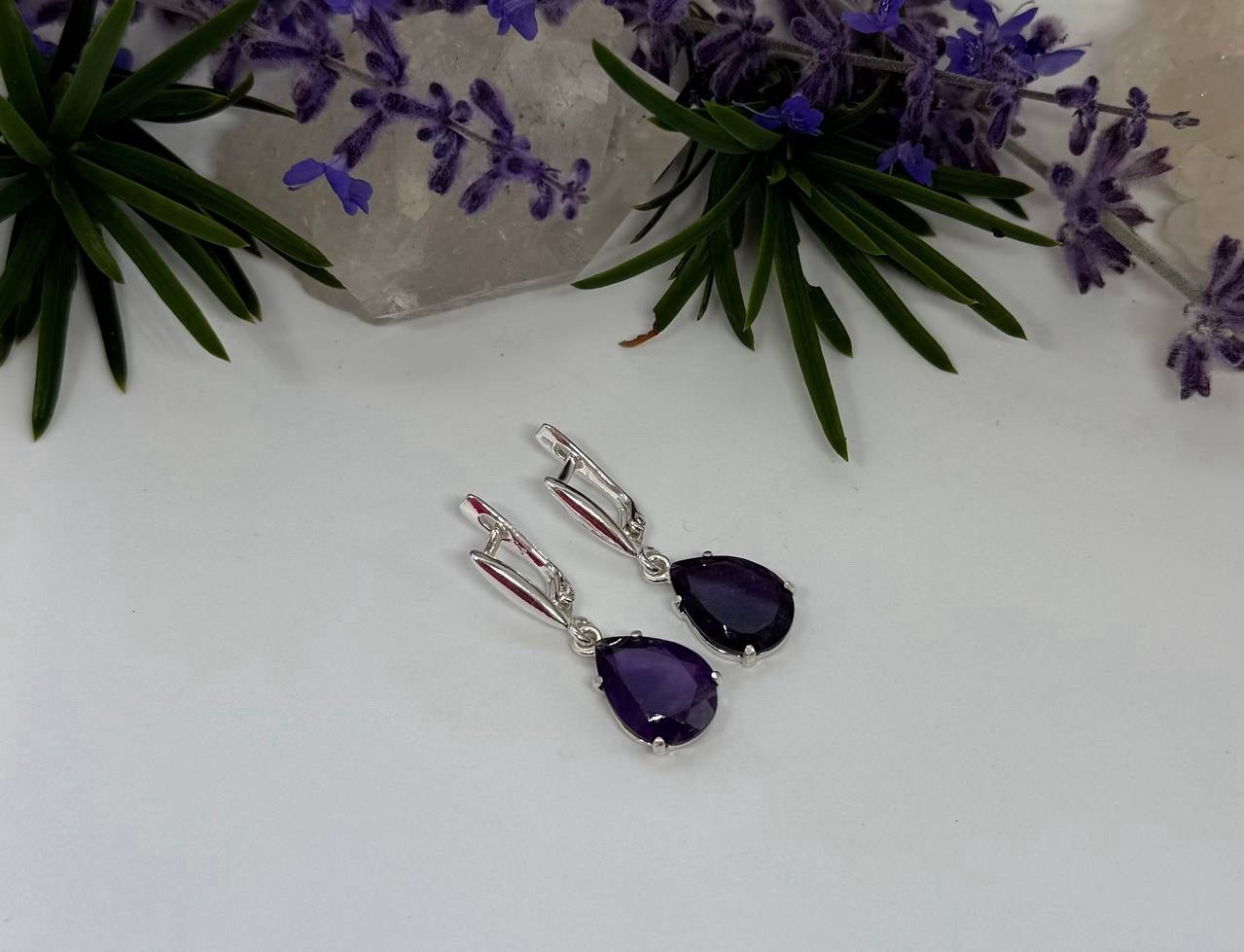 Amethyst Stone Dangle Drop Earrings Sterling Silver, Purple