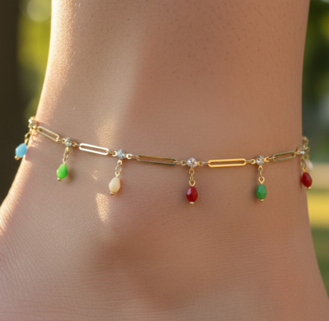 Multi-Color Gemstone Paperclip Anklet Boho 18K Gold Plated Colorful CZ Accent
