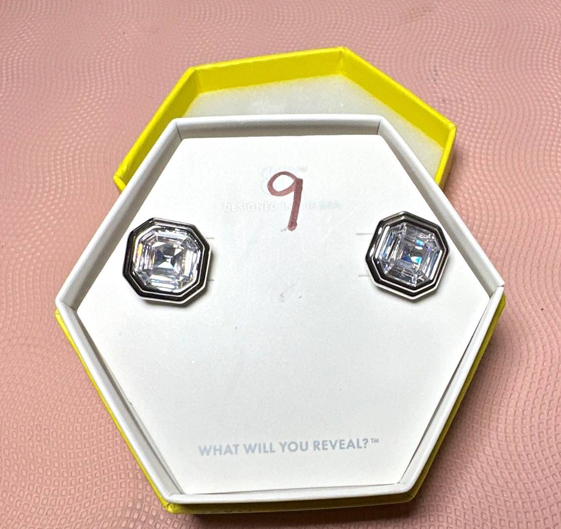 Designed by 9 Octagon White CZ Stud Earrings Rhodium Plated Butterfly ER69447