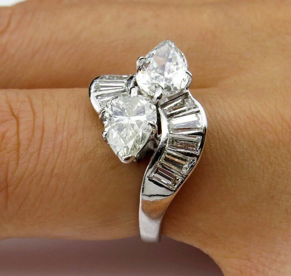 3.10Ct Pear Simulated Diamond Wedding Cocktail Bypass Ring 14k White Gold Plated