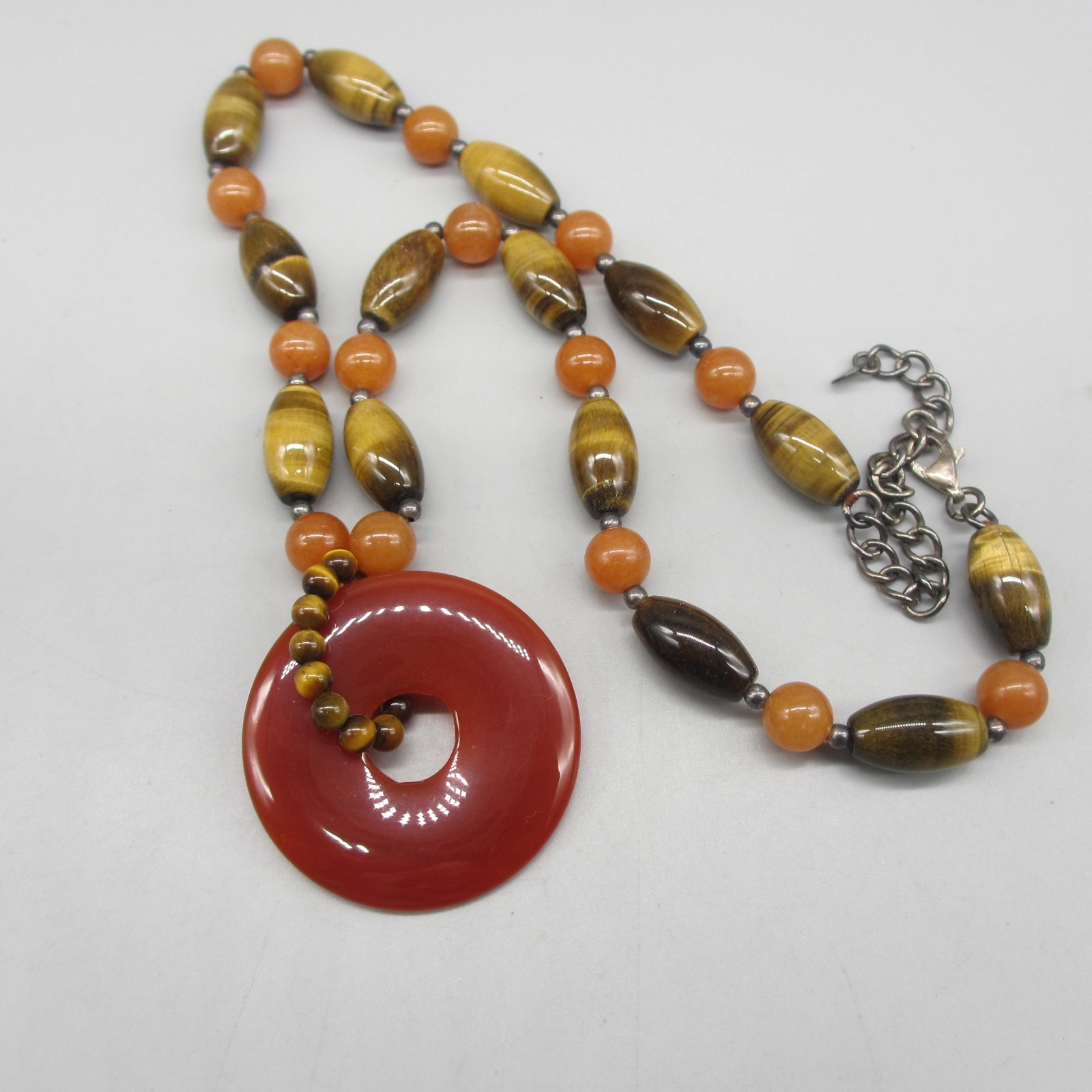 Vintage Boho Necklace Beaded Orange Brown Stone Disk Pendant 20 Inch