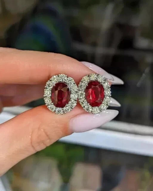 Lab Created Red Ruby 3.00Ct Oval Cut Halo Stud Earrings 14K White Gold Plated